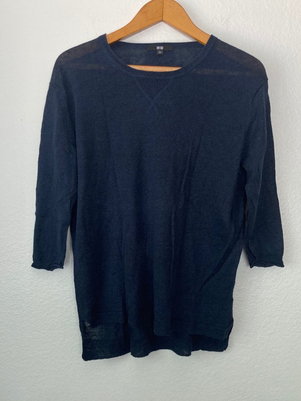 Uniqlo 100% Linen Crew Neck Split Hem Sweater Women's Large Navy Blue 3/4 Sleeve